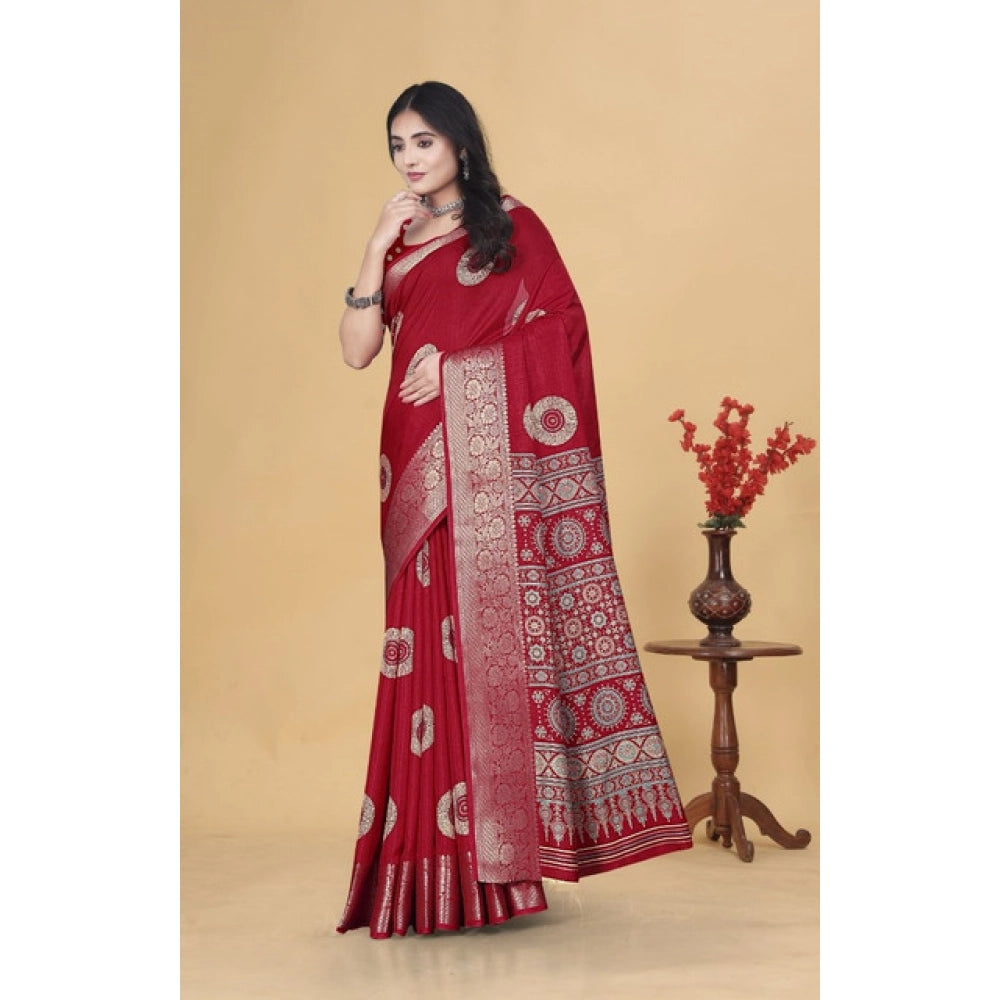 Generic Women's Art Silk Printed Saree With Unstitched Blouse 5.5Mtr (Red)