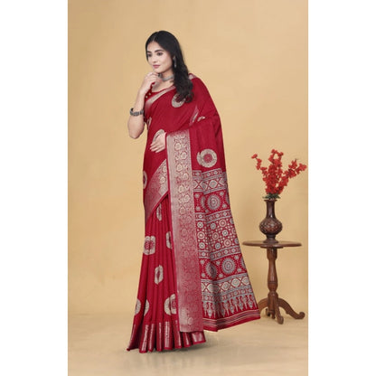 Generic Women's Art Silk Printed Saree With Unstitched Blouse 5.5Mtr (Red)
