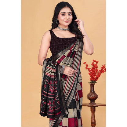Generic Women's Dupion Silk Block Printed Saree With Unstitched Blouse 5.5Mtr (Multicolor)