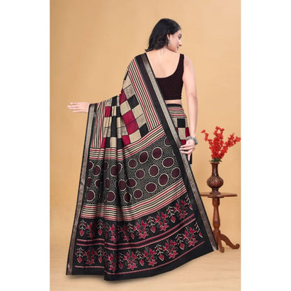 Generic Women's Dupion Silk Block Printed Saree With Unstitched Blouse 5.5Mtr (Multicolor)