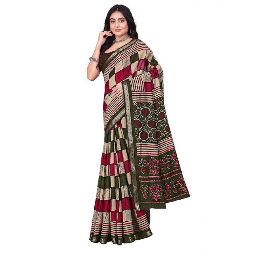 Generic Women's Dupion Silk Block Printed Saree With Unstitched Blouse 5.5Mtr (Multicolor)