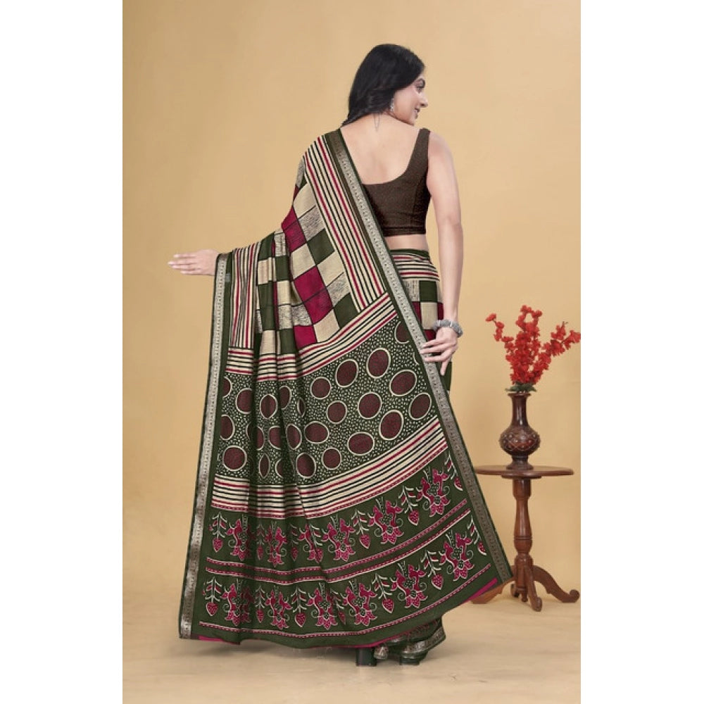 Generic Women's Dupion Silk Block Printed Saree With Unstitched Blouse 5.5Mtr (Multicolor)