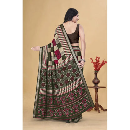 Generic Women's Dupion Silk Block Printed Saree With Unstitched Blouse 5.5Mtr (Multicolor)