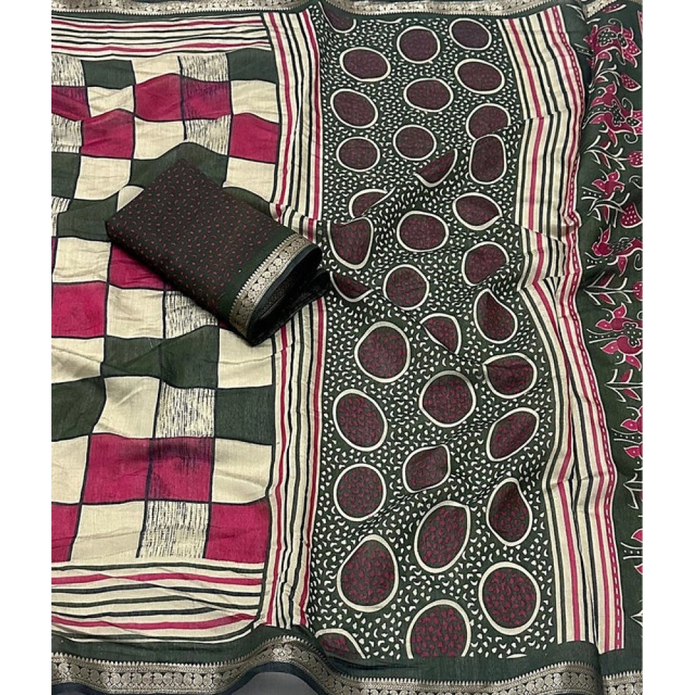 Generic Women's Dupion Silk Block Printed Saree With Unstitched Blouse 5.5Mtr (Multicolor)