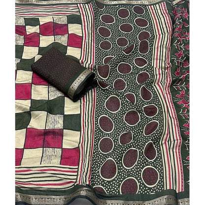 Generic Women's Dupion Silk Block Printed Saree With Unstitched Blouse 5.5Mtr (Multicolor)