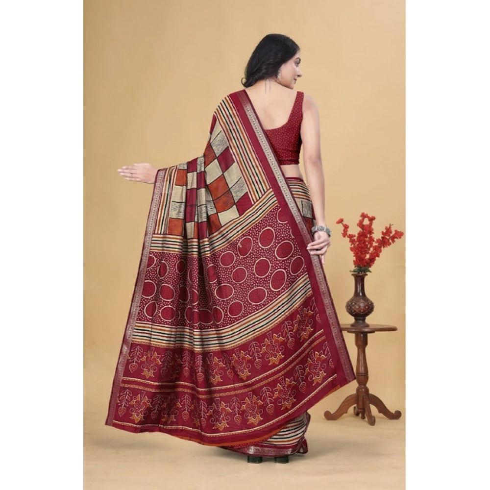 Generic Women's Dupion Silk Block Printed Saree With Unstitched Blouse 5.5Mtr (Multicolor)