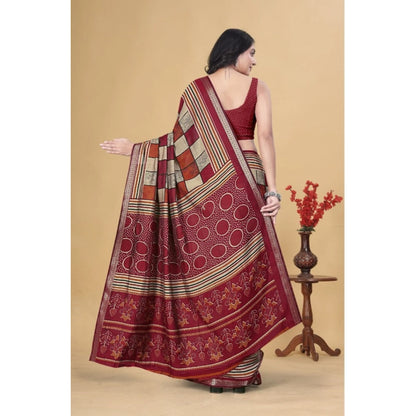 Generic Women's Dupion Silk Block Printed Saree With Unstitched Blouse 5.5Mtr (Multicolor)