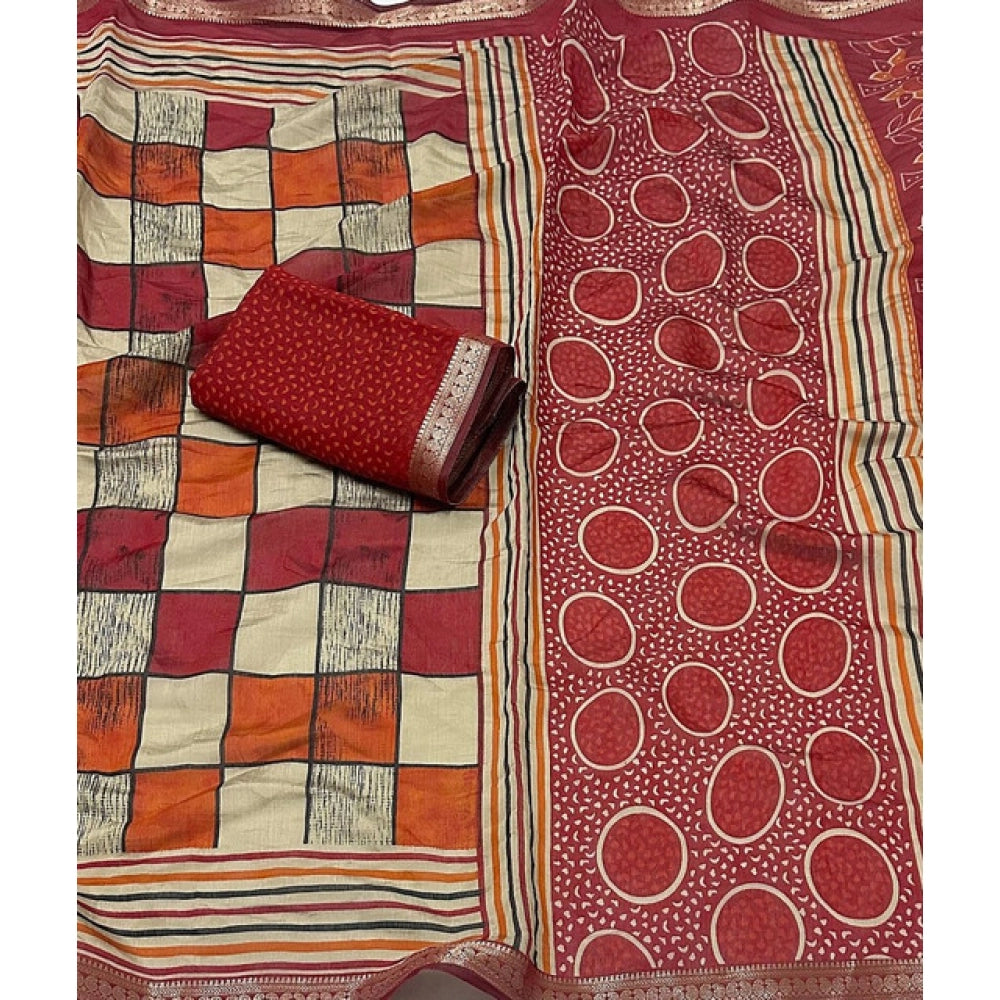 Generic Women's Dupion Silk Block Printed Saree With Unstitched Blouse 5.5Mtr (Multicolor)