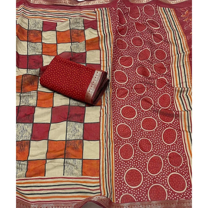 Generic Women's Dupion Silk Block Printed Saree With Unstitched Blouse 5.5Mtr (Multicolor)