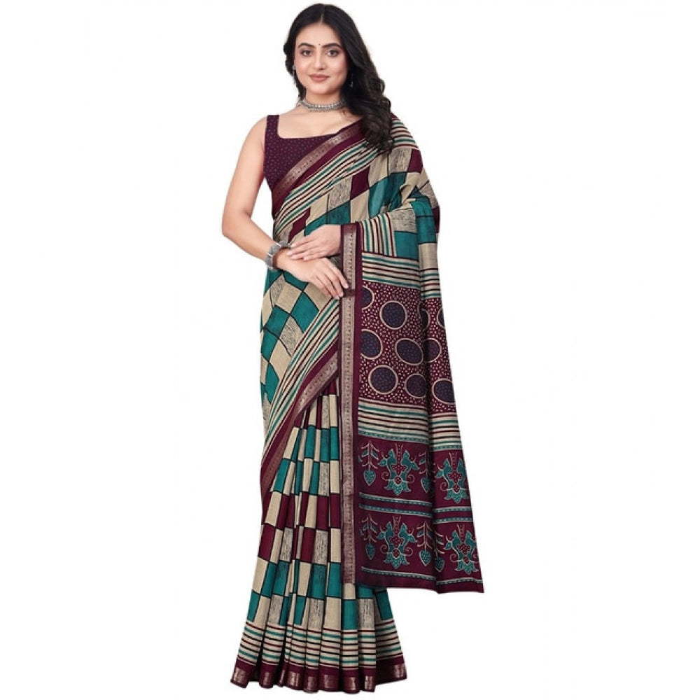 Generic Women's Dupion Silk Block Printed Saree With Unstitched Blouse 5.5Mtr (Multicolor)