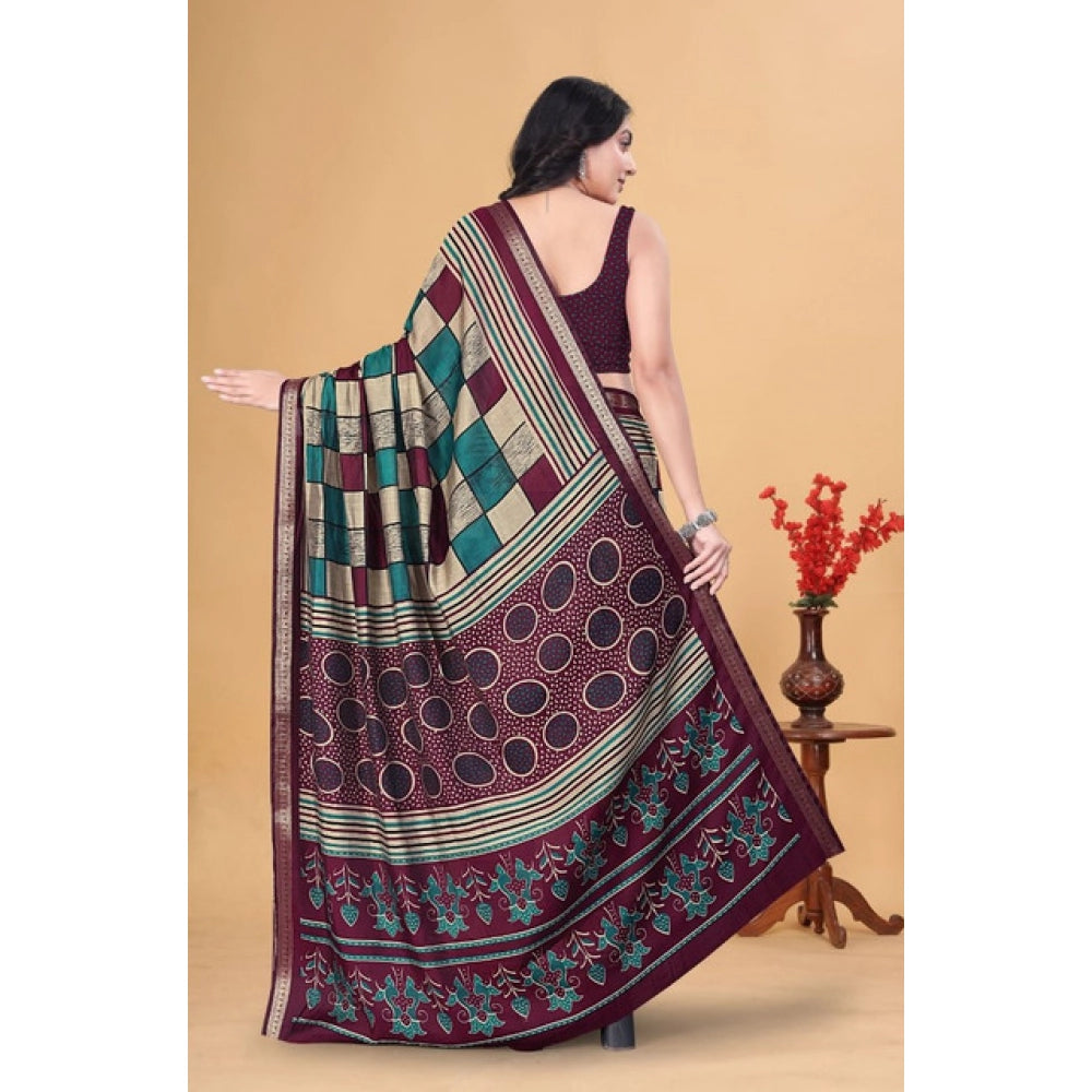 Generic Women's Dupion Silk Block Printed Saree With Unstitched Blouse 5.5Mtr (Multicolor)