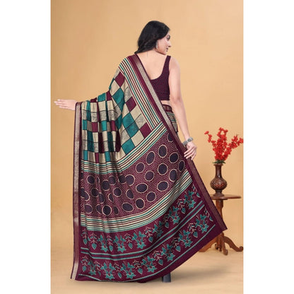 Generic Women's Dupion Silk Block Printed Saree With Unstitched Blouse 5.5Mtr (Multicolor)