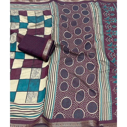 Generic Women's Dupion Silk Block Printed Saree With Unstitched Blouse 5.5Mtr (Multicolor)