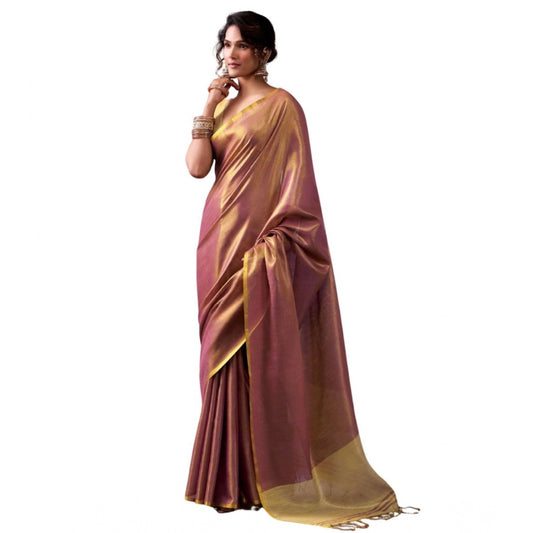 Generic Women's Tissue Silk Solid Saree With Unstitched Blouse 5.5Mtr (Purple)