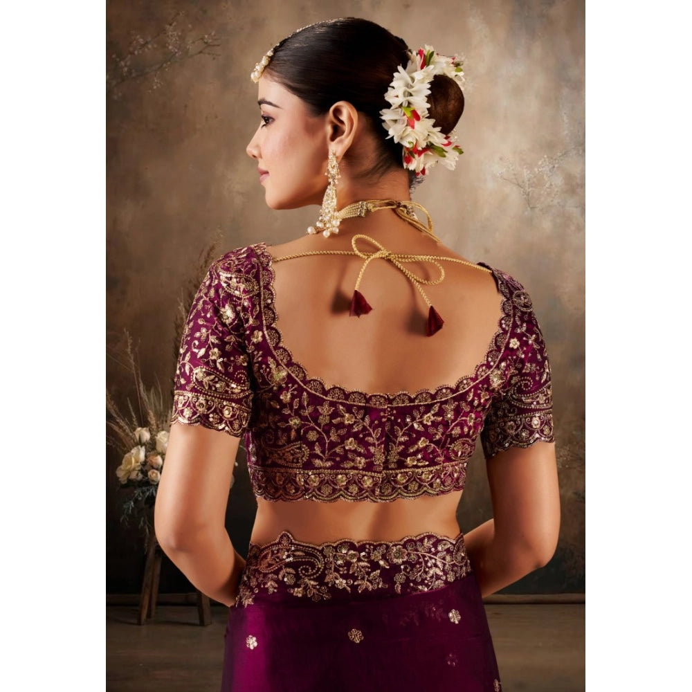 Generic Women's Silk Embroidered Saree With Unstitched Blouse 5.5Mtr (Wine)